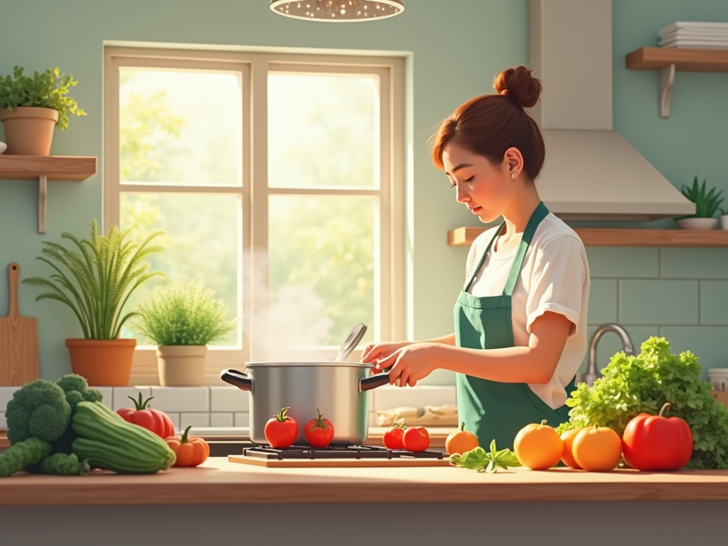 На кухне женщина в фартуке готовит еду, окружённая свежими овощами и зеленью. Солнечный свет проникает в окно.